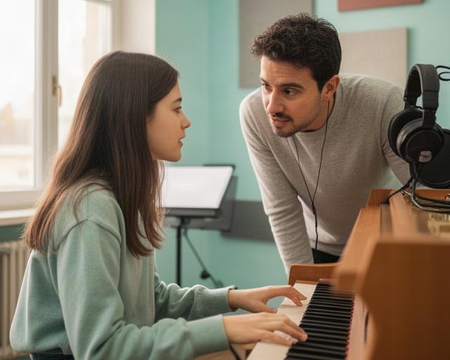 Insegnante di musica che ascolta una studentessa al pianoforte in una sala didattica