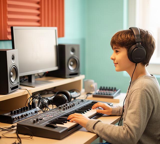 Studente giovane alla postazione di produzione musicale in uno studio didattico di Venezia
