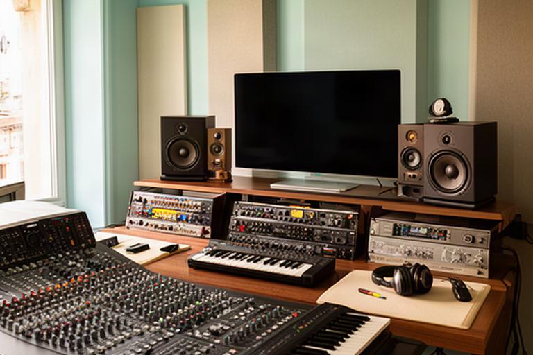Sala di produzione musicale a Venezia con monitor da studio, tastiera e console audio