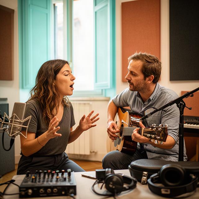 Cantante e musicista durante una lezione individuale in uno studio musicale veneziano