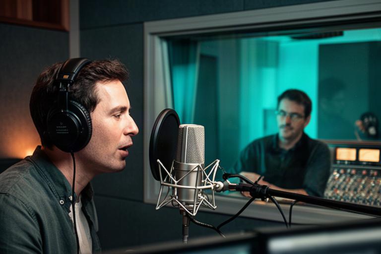 Doppiatore al microfono con tecnico audio nella regia di uno studio veneziano