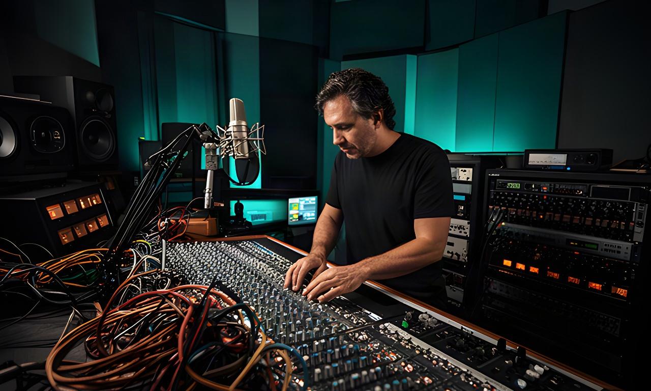 Tecnico audio al mixer durante un laboratorio pratico in uno studio di registrazione veneziano